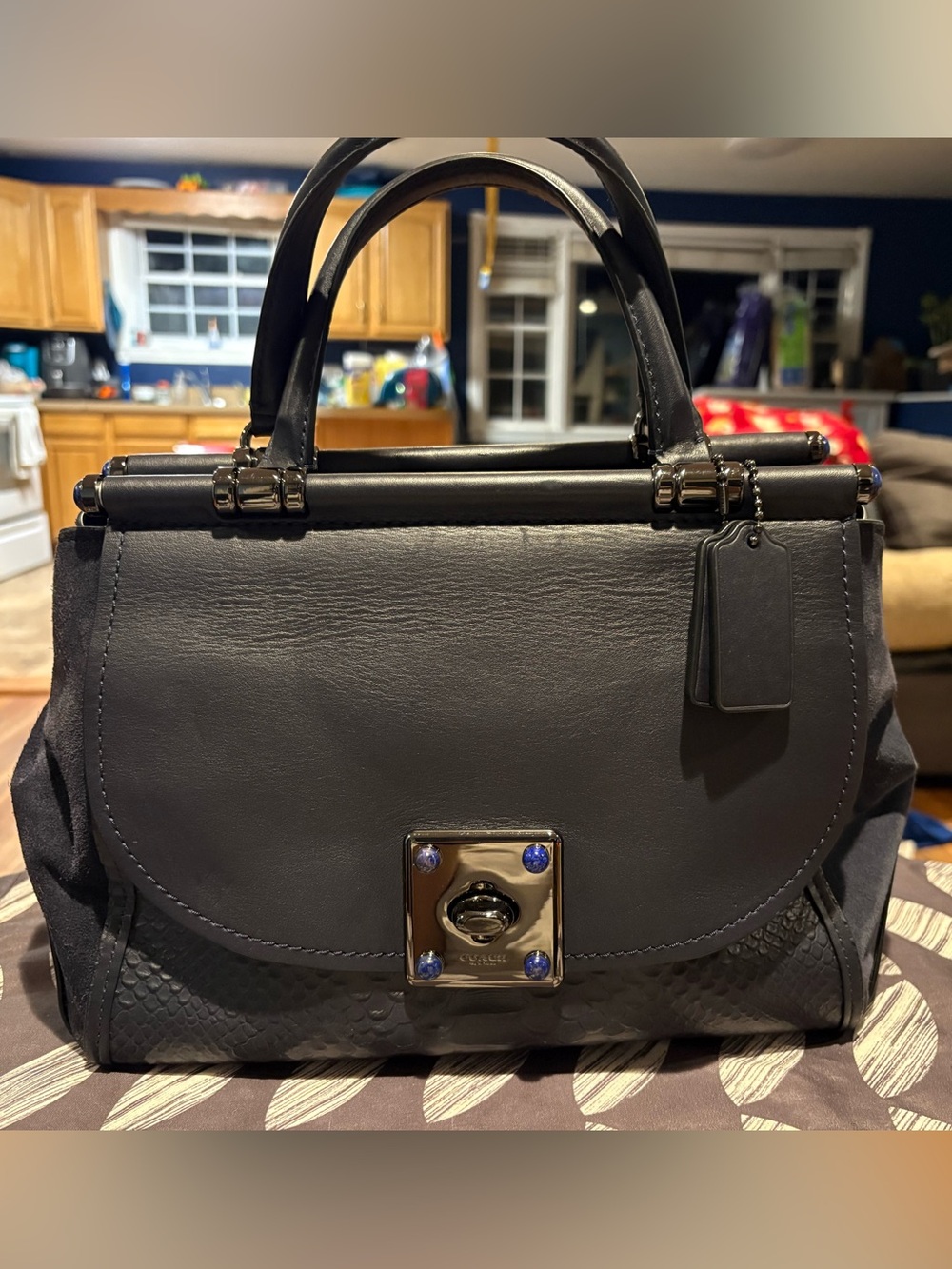 Coach Drifter Navy Blue  Leather Top-Handle Satchel with Blue Accent Studs